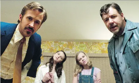  ??  ?? Ryan Gosling, Daisy Tahan, Angourie Rice and Russell Crowe star in The Nice Guys, a cartoonish­ly violent but funny film from writer/director Shane Black.