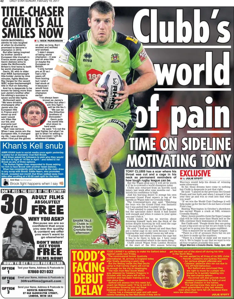  ??  ?? SHARK TALE: Clubb is ready to face Cronulla this afternoon TONY CLUBB has a scar where his throat was cut and a cage in his neck as permanent reminders of how tough rugby league can be.