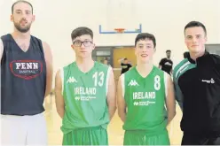  ??  ?? Tall order: Ireland seniors Aidan Quinn and Keelan Cairns, far right, with Under-16 players Connor McDonald and CJ Fulton