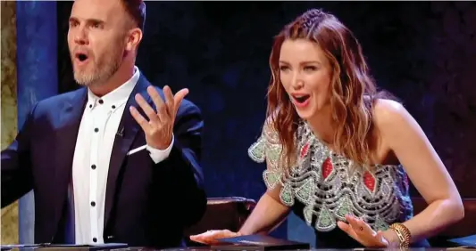  ??  ?? It’s a ‘No’ from me: Judges Gary Barlow and Dannii Minogue on the BBC’s Let It Shine