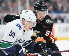  ?? GETTY IMAGES ?? Nick Ritchie, right, signed a three-year deal with the Anaheim Ducks after sitting out the first seven games. He was in much the same situation as the Leafs’ William Nylander, who remains unsigned.