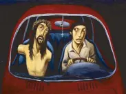  ??  ?? Borlongan’s “Gabay” (1994) was inspired by an actual scene he saw along a highway, a man driving with a sculpture of Christ.