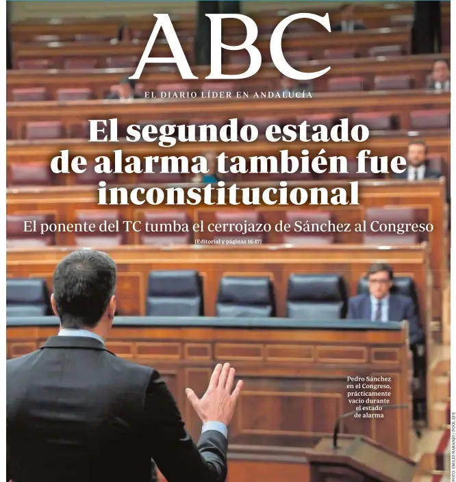  ??  ?? Pedro Sánchez en el Congreso, prácticame­nte vacío durante el estado de alarma