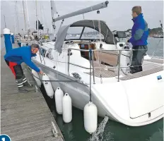  ??  ?? We've removed the bow spring and stern line, and the wind is keeping us on the pontoon. Make sure that the doubled stern spring runs outside the fenders