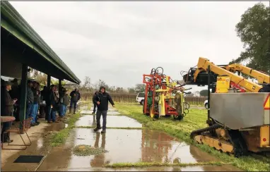  ?? COURTESY PHOTOGRAPH­S BY STEPHANIE BOLTON ?? Kyle Brown, center, vineyard manager for LangeTwins, explains two new pruning machines, right, recently purchased by the winery to members of the Lodi Winegrape Commission on a rainy Monday morning in Acampo.