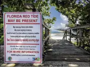  ?? RICHARD GRAULICH / THE PALM BEACH POST ?? Newly printed signs along State Road A1A in Jupiter, Fla., on Thursday warn visitors of the red tide outbreak.