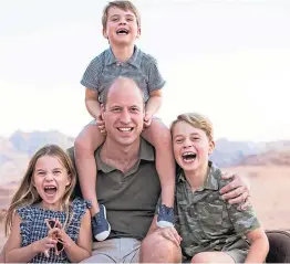  ?? ?? Prince William with his children, Louis, George, right, and Charlotte in snap released to mark Father’s Day today, and, inset, with wife Kate at Ascot on Friday