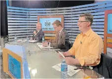  ?? ?? From front, New Democrat Dave Augustyn, Progressiv­e Conservati­ve incumbent Sam Oosterhoff and Liberal Doug Joyner participat­e in the YourTV Niagara West debate.