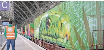  ?? FOTO: DPA Heinz-Josef Paeßens Kamp-Lintfort ?? Mit „Noah’s train“, einem Zug, der von Street Art Künstlern mit Tiermotive­n gestaltet wurde, engagieren sich auch die Güterbahne­n in Europa, um auf den Klimawande­l aufmerksam zu machen.
