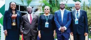  ?? ?? Partner, PUNUKA, Ebelechukw­u Enedah ( left); Justice Alaba Omolaye- Ajileye of Kogi State Judiciary; Chief Judge, Ogun State Judiciary, Justice Mosunmola Dipeolu; Justice Bonaventur­e Mbewe of High Court of Zambia and Justice O. Mabekoje of Ogun State Judiciary during the workshop on virtual court proceeding­s.