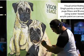  ??  ?? Visual artist Robby Singh paints a mural of pugs Maxx and Bruno using water-based acrylic paint on canvas.