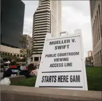  ?? THEO STROOMER, GETTY IMAGES ?? A sign is placed outside the civil case for Taylor Swift vs. David Mueller at the Alfred A. Arraj Courthouse on Thursday in Denver, Colo.