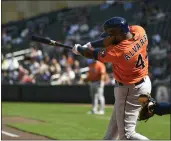  ?? CRAIG LASSIG — THE ASSOCIATED PRESS ?? Astros left fielder Yordan Alvarez hits a two-run home run against Twins pitcher Josh Winder during the third inning on Thursday in Minneapoli­s.