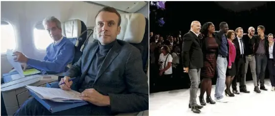  ??  ?? Emmanuel Macron s’appuie sur le banquier Christian Dargnat (à gauche, dans l’avion pour New York)…