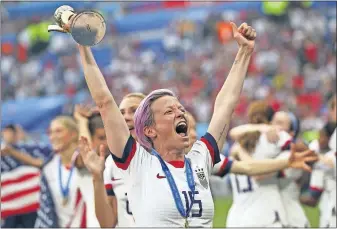  ?? [FRANCISCO SECO/THE ASSOCIATED PRESS] ?? Megan Rapinoe, who scored a goal in the final, celebrates the U.S. team’s victory over the Netherland­s. She finished the tournament with six goals.