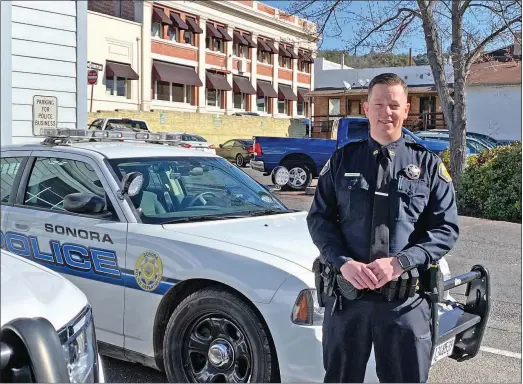  ?? Shelly Thorene
/ Union Democrat ?? OfficerTho­mas Brickley has been with the Sonora Police Department for about two years, so has spent half of his time with the department working under COVID-19 guidelines.