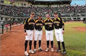  ?? PHOTO COURTESY OF DOUG DELACRUZE ?? Five current or former Mitchell College players are teammates again, this time with the Moose Jaw Miller Express of the Western Canadian Baseball League. From left, Eric Marriott, Montville’s Dougie DelaCruz, Jeff Nicolosi and Markus Melendez. Missing from photo is New London’s Jeremy Santos, who recently joined the team.