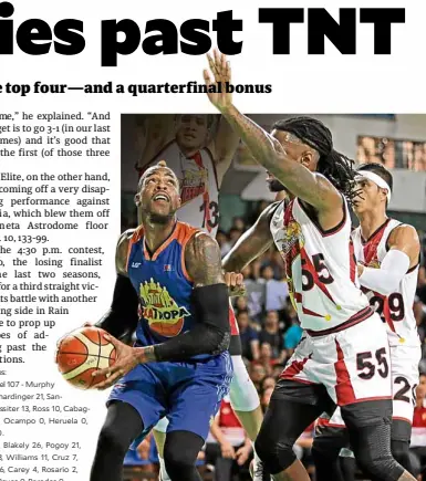  ??  ?? Even Marqus Blakely’s brilliant all-around effort couldn’t rescue TNT from collapsing against San Miguel Beer.