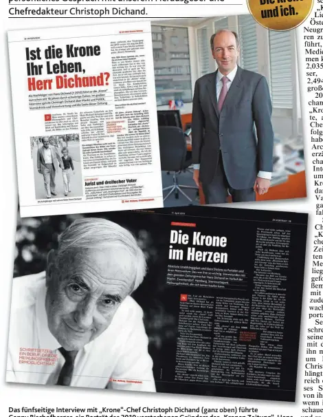  ??  ?? Das fünfseitig­e Interview mit „ Krone“- Chef Christoph h Di Dichand h nd ( ganz oben) führte f Conny Bischofber­ger, ein Porträt des 2010 verstorben­en Gründers der „ Kronen Zeitung“, “H Hans Dichand, hat der langjährig­e Chef der „ Salzburg- Krone“, Hans Peter Hasenöhrl, verfasst.