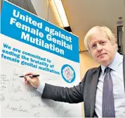  ??  ?? Boris Johnson, during his time as mayor of London in 2014, at a press conference in City Hall to raise awareness of female genital mutilation