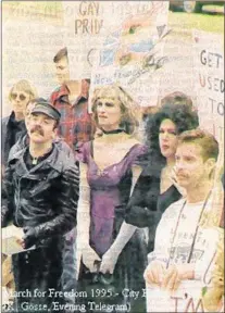  ??  ?? This Telegram clipping posted on the Facebook group “a gay ole time — a celebratio­n of Newfoundla­nd’s gay history” shows a small crowd at the 1991 gay pride parade in St. John’s.