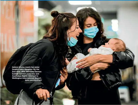  ?? ROSA WOODS/STUFF ?? Isidora Hoxha meets her sister Suada’s baby daughter for the first time, after the trans-Tasman bubble opened yesterday and Australian flights returned to Wellington Internatio­nal Airport.