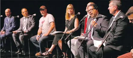  ?? DARREN MAKOWICHUK/POSTMEDIA ?? Naheed Nenshi was answering questions alongside Calgary’s seven other declared mayoral candidates at a debate that included questions about arts and culture funding at Theatre Junction in Calgary on Monday night, the first official debate of the...