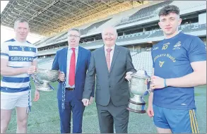 ?? (Pic: Jim Coughlan) ?? RIGHT: Brendan Harrington, CEO, McCarthy Insurance Group and Pat Horgan, chairperso­n, Cork GAA, are pictured at Páirc Ui Chaoimh, this week with Conor Cahalane, Castlehave­n (2023 Cork County Senior Football Championsh­ip winners) and Ethan Twomey, St Finbarrs (2023 Cork Division 1 Football League winners), at the announceme­nt of the McCarthy Insurance Group joining Cork GAA as sponsors of the Cork county football leagues and championsh­ips.