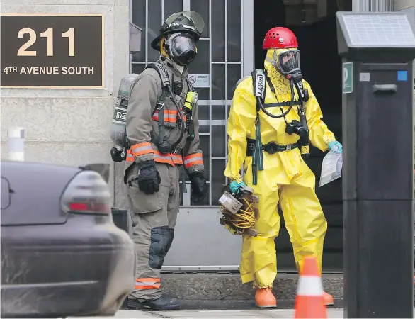  ?? MICHELLE BERG ?? The hazardous materials unit recovered a powdery substance later declared non-hazardous from a downtown office on Monday.