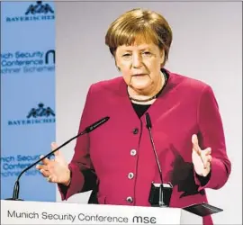  ?? Christof Stache AFP/Getty Images ?? ANGELA MERKEL noted that Germany tried a Trump-like policy of ignoring allies and promoting nationalis­m before World War II — with catastroph­ic results.