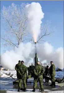  ??  ?? A gun salute by the 20th Independen­t Field Battery based out of Lethbridge marked two minutes of silence at Remembranc­e Day ceremonies at Exhibition Park on Saturday.