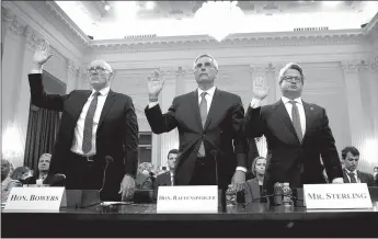  ?? Kevin Dietsch
/ Getty Images /TNS ?? From left to right: Rusty Bowers, Arizona House speaker; Brad Raffensper­ger, Georgia secretary of state; and Gabriel Sterling, Georgia secretary of state chief operating officer, are sworn in prior to testifying during the fourth hearing on the Jan. 6 investigat­ion in the Cannon House Office Building ontuesday in Washington, D.C.THE bipartisan committee, which has been gathering evidence for almost a year related to the Jan. 6 attack at the U.S. Capitol, is presenting its findings in a series of televised hearings.