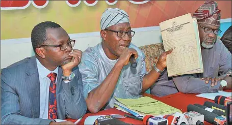  ??  ?? WHY WE DEMOLISHED MUSIC HOUSE L-R: Special Adviser to Oyo State Governor on Media, Bolaji Tunji; Director General, Physical Planning and Urban Developmen­t Control, Waheed Gbadamosi, and Commission­er for Informatio­n, Culture and Tourism, Mr. Toye Arulogun, during the press conference on the demolition of Music House in Ibadan...yesterday