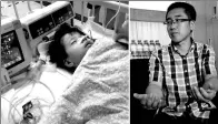  ?? LIU MINGXIN / FOR CHINA DAILY ?? Six-year-old Mei Qingwen (left) is treated in the ICU at No 1 Affiliated Hospital of Harbin Medical University. Xiao Qi (right) shows how he tried to catch the falling girl.
