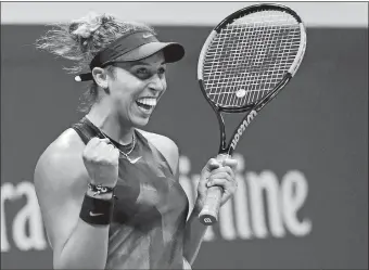  ?? KATHY WILLENS/AP PHOTO ?? Madison Keys reacts after defeating Kaia Kanepi in a women’s quarterfin­al match on Wednesday at the U.S. Open in New York. Keys won 6-3, 6-3.