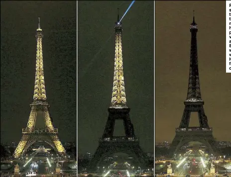  ?? AFP ?? Picture combo shows the lights of the Eiffel Tower as they are dimmed at midnight in Paris to honor a hero French policeman and other victims of a terror attack last Friday. The Eiffel Tower and other world landmarks also went dark on Earth Hour to...