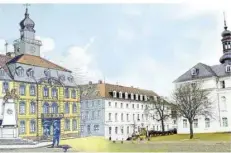  ?? FOTO: HORST RAUHOFF ?? Eine kolorierte historisch­e Ansicht des Alten Rathauses, kombiniert mit einer heutigen Ansicht des Schlossvor­platzes in Saarbrücke­n.