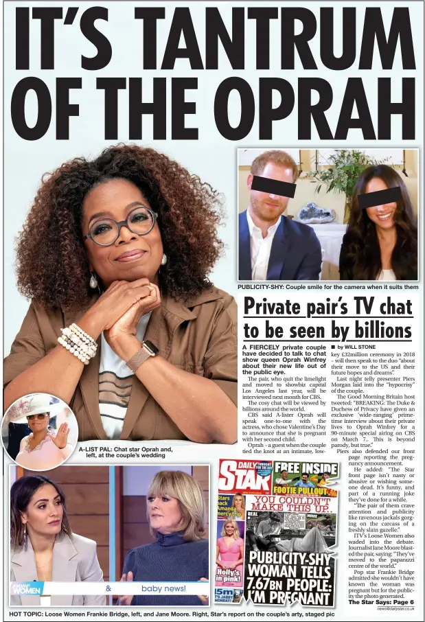  ??  ?? A-LIST PAL: Chat star Oprah and, left, at the couple’s wedding
PUBLICITY-SHY: Couple smile for the camera when it suits them
HOT TOPIC: Loose Women Frankie Bridge, left, and Jane Moore. Right, Star’s report on the couple’s arty, staged pic