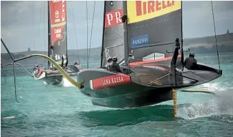  ??  ?? Luna Rossa on the tail of Team New Zealand during yesterday’s practice session.