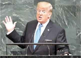  ??  ?? US President Donald Trump addresses the 72nd Annual UN General Assembly in New York on Tuesday. (AFP)
