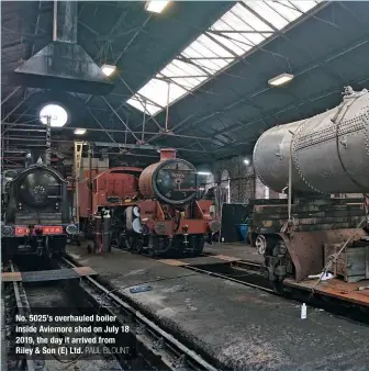  ?? PAUL BLOUNT ?? No. 5025’s overhauled boiler inside Aviemore shed on July 18 2019, the day it arrived from Riley & Son (E) Ltd.