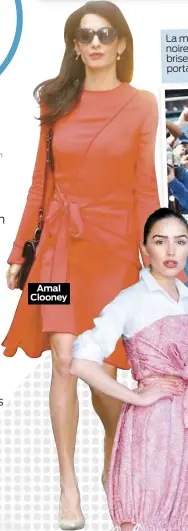  ??  ?? Amal Clooney La maison Akris a travaillé les rayures noires et blanches de la matière pour briser la ligne verticale de la robe que portait Freida Pinto.