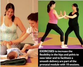  ??  ?? URBAN Ashram Manila teaches breathing exercises as a source of energy and how to correct stooped chests and bring the gait back to normal. Mothers can also bring their babies with them to class and even exercise with them. EXERCISES to increase the...