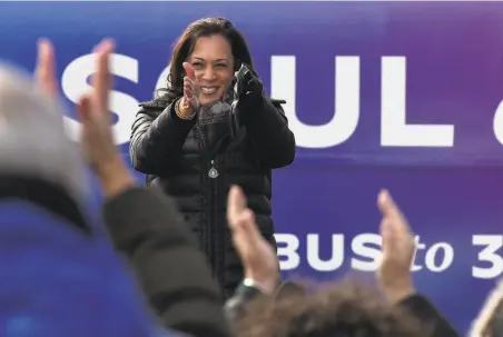  ?? Michael Perez / Associated Press ?? Sen. Kamala Harris, who quickly rose to become the Democratic vice presidenti­al candidate, speaks Monday at a campaign rally.