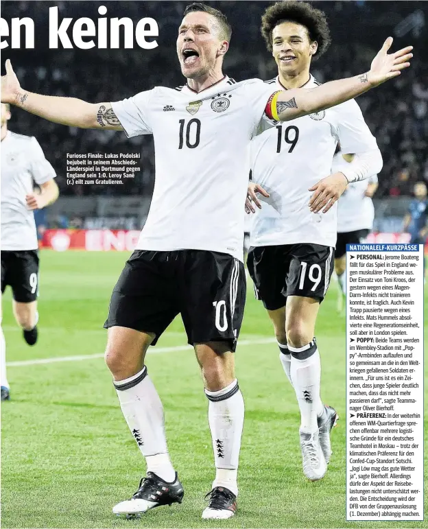  ??  ?? Furioses Finale: Lukas Podolski bejubelt in seinem AbschiedsL­änderspiel in Dortmund gegen England sein 1:0. Leroy Sané (r.) eilt zum Gratuliere­n.
