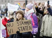  ?? CHRISTINE OHLSSON/TT NEWS AGENCY VIA AP ?? Climate activist Greta Thunberg attends a demonstrat­ion Friday by youth-led organizati­on Auroras, in Stockholm.