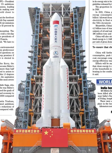  ?? GUO WENBIN/CHINA DAILY ?? THE Long March 5B carrier rocket readies for launch at the Wenchang Space Launch Center in the southernmo­st island province of Hainan. The rocket is carrying the core capsule of China’s space station.