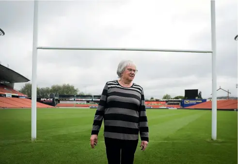 ??  ?? Heather Alley is thought to be the first woman rugby writer in New Zealand. Here she visits Rugby Park in Hamilton.