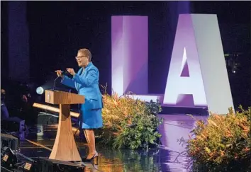  ?? Myung J. Chun Los Angeles Times ?? HER FIRST official duty, Mayor Karen Bass said during her inaugural speech Sunday at Microsoft Theater, will be to declare a state of emergency on homelessne­ss — the central issue during a long campaign season.