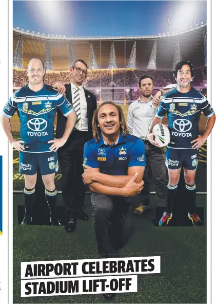  ?? Picture: EVAN MORGAN ?? SPLASH OF COLOUR: Former North Queensland Cowboys player Ray Thompson ( front) with NQ Cowboys CEO Greg Tonner and stadium project manager Brian Hayes from Watpac with the new artwork at the Townsville Airport.